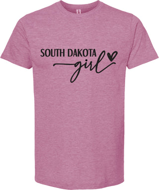 Raspberry t-shirt with 'South Dakota girl' text on a white background