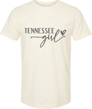 Cream t-shirt with 'Tennessee girl' text on a white background