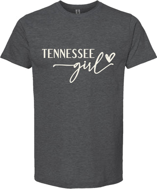 Dark gray t-shirt with 'Tennessee girl' text on a white background