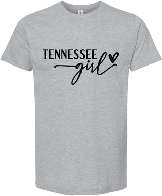 Light Gray t-shirt with 'Tennessee girl' text on a white background