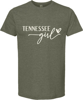 Green t-shirt with 'Tennessee girl' text on a white background
