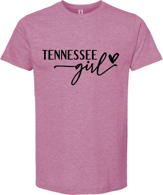Raspberry t-shirt with 'Tennessee girl' text on a white background
