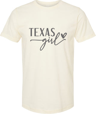 Cream t-shirt with 'Texas girl' text on a white background