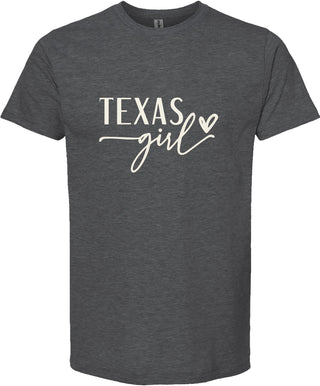 Dark gray t-shirt with 'Texas girl' text on a white background