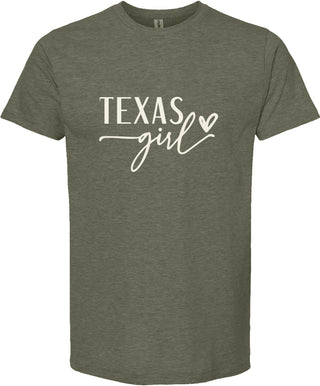 Green t-shirt with 'Texas Girl' text on a white background