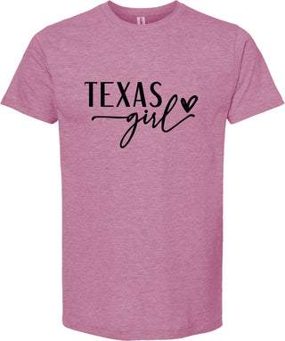 Raspberry t-shirt with 'Texas Girl' text on a white background