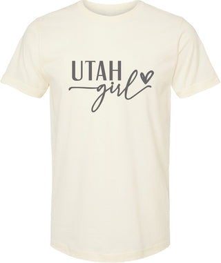 Cream t-shirt with 'Utah girl' text on a white background