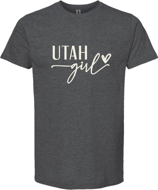 Dark gray t-shirt with 'Utah girl' text on a white background