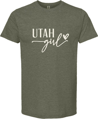 Green t-shirt with 'Utah girl' text on a white background