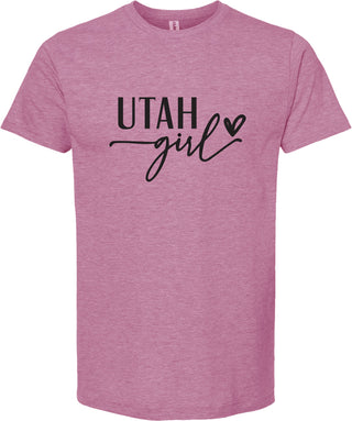 Raspberry t-shirt with 'Utah Girl' text on a white background