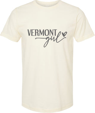 Cream t-shirt with 'VERMONT girl' text and heart graphic on a white background