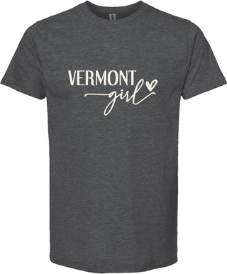 Dark gray t-shirt with 'VERMONT girl' text on a white background