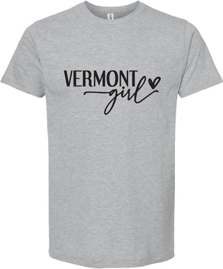 Light Gray t-shirt with 'VERMONT girl' text on a white background