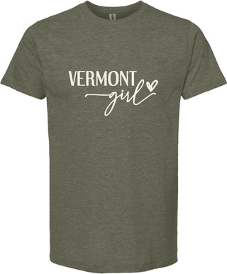Green t-shirt with 'VERMONT girl' text on a white background