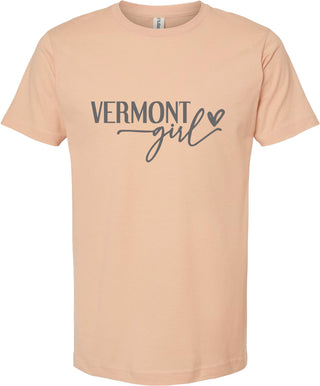 Peach t-shirt with 'VERMONT girl' text on a white background