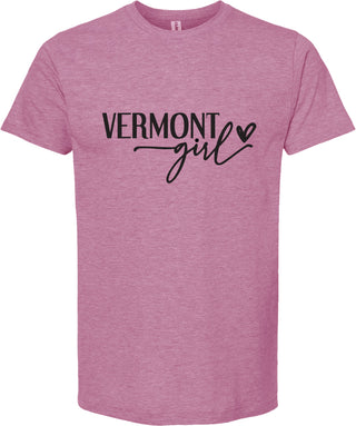 Raspberry t-shirt with 'VERMONT girl' text on a white background