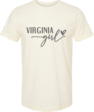 Cream t-shirt with 'Virginia girl' text on a white background