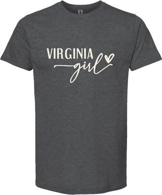 Dark gray t-shirt with 'Virginia girl' text and heart on a white background