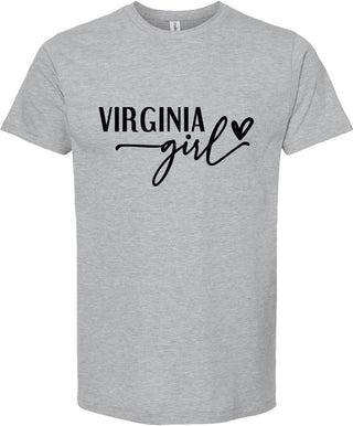 Light Gray t-shirt with 'Virginia Girl' text on a white background