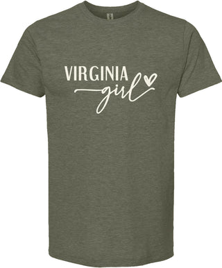Green t-shirt with 'Virginia Girl' text on a white background