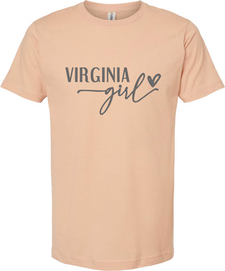 Peach t-shirt with 'Virginia girl' text on a white background