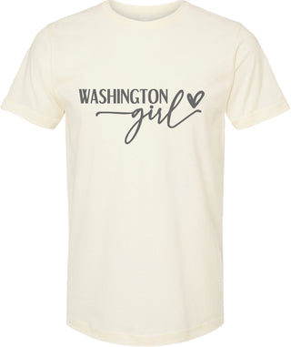 Cream t-shirt with 'Washington Girl' text on a white background