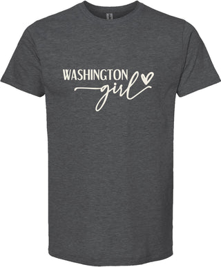 Dark gray t-shirt with 'Washington girl' text on a white background