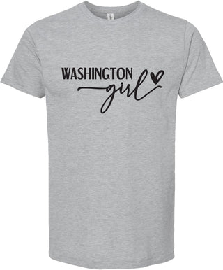Light Gray t-shirt with 'Washington girl' text on a white background