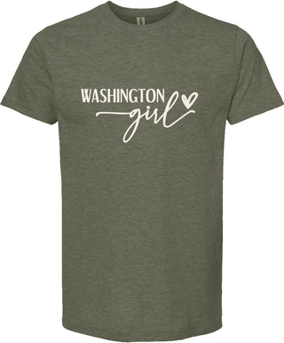 Green t-shirt with 'Washington Girl' text on a white background