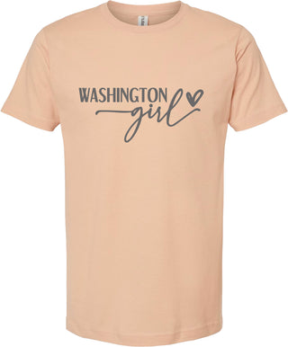 Peach t-shirt with 'Washington Girl' text on a white background