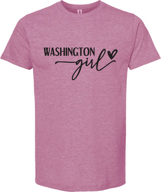 Raspberry t-shirt with 'Washington girl' text on a white background