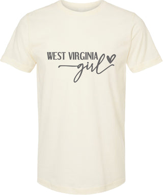 Cream t-shirt with 'West Virginia girl' text on a white background
