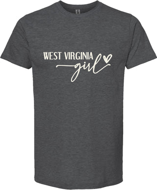 Dark gray t-shirt with 'West Virginia girl' text on a white background