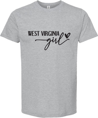 Light Gray t-shirt with 'West Virginia Girl' text on a white background
