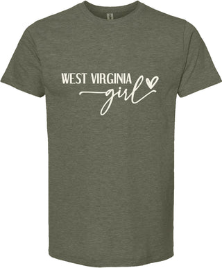 Green t-shirt with 'West Virginia girl' text on a white background