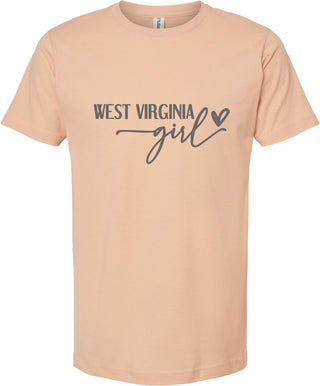 Peach t-shirt with 'West Virginia girl' text on a white background