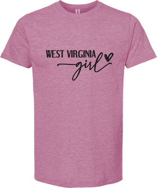 Raspberry t-shirt with 'West Virginia girl' text on a white background