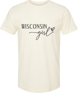 Cream t-shirt with 'Wisconsin girl' text on a white background