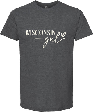 Dark gray t-shirt with 'Wisconsin girl' text on a white background