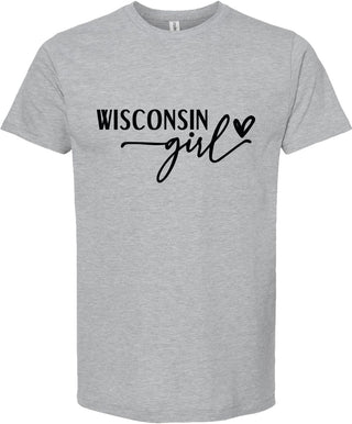 Light Gray t-shirt with 'Wisconsin girl' text on a white background