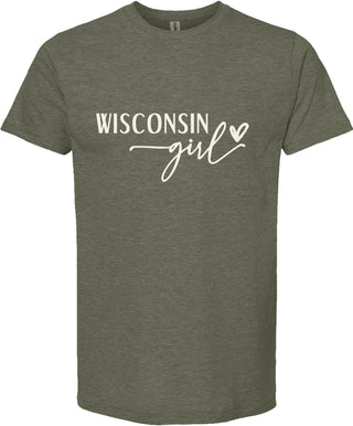 Green t-shirt with 'Wisconsin girl' text on a white background