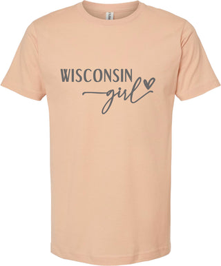Peach t-shirt with 'Wisconsin girl' text on a white background