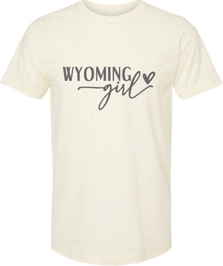 Cream t-shirt with 'Wyoming Girl' text on a white background