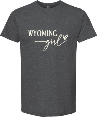 Dark gray t-shirt with 'Wyoming girl' text on a white background