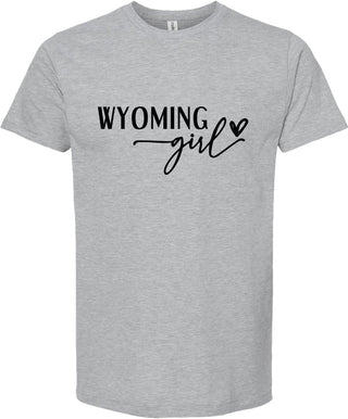 Light Gray t-shirt with 'Wyoming girl' text on a white background