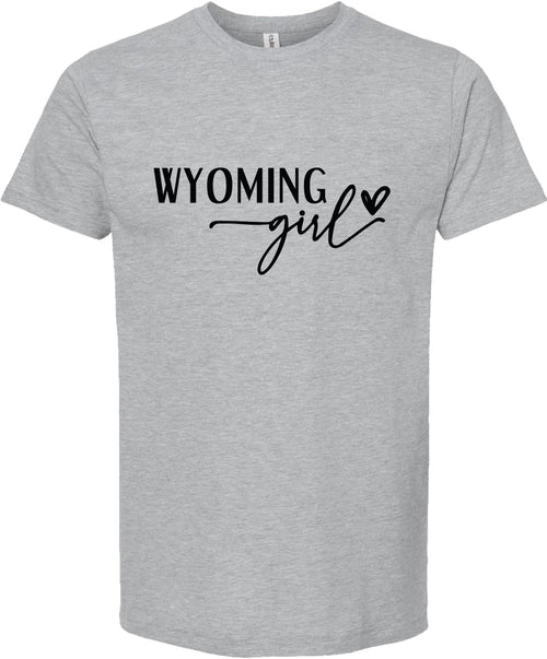 Light Gray t-shirt with 'Wyoming girl' text on a white background