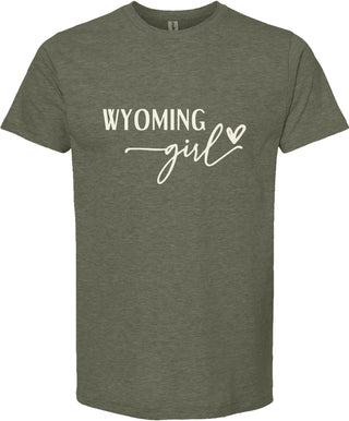 Green t-shirt with 'Wyoming girl' text on a white background