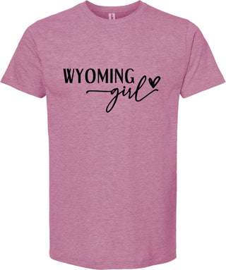Raspberry t-shirt with 'Wyoming girl' text on a white background
