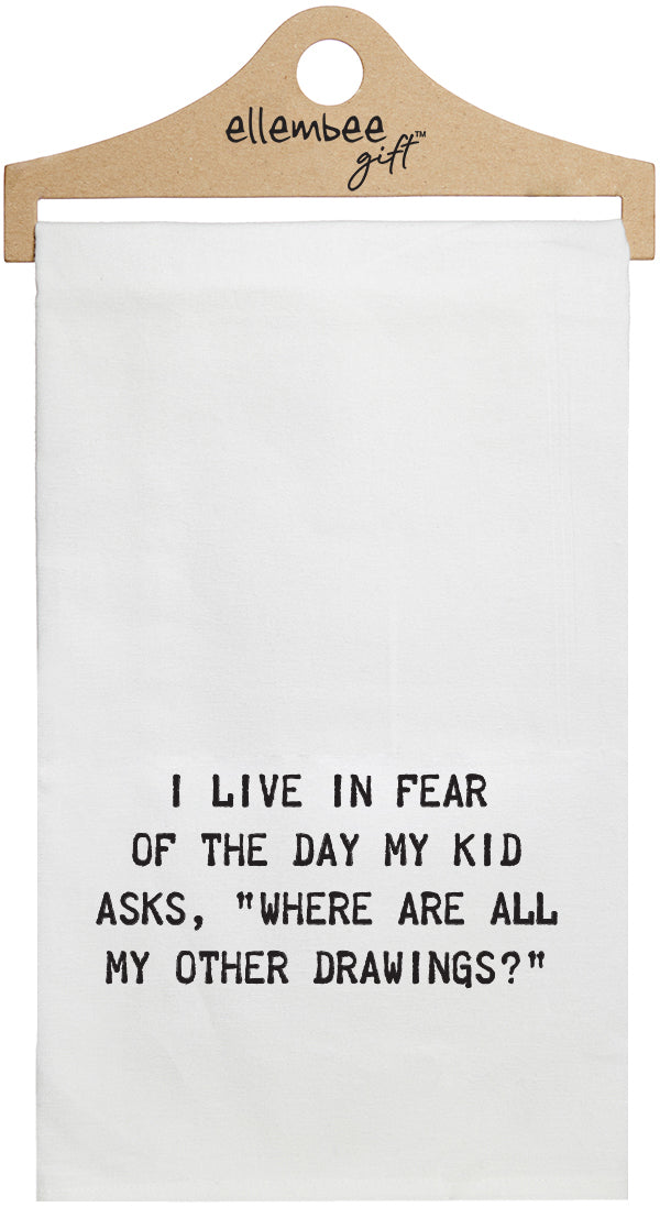 I live in fear of the day my kid asks, "Where are all my other drawings?" - white kitchen tea towel