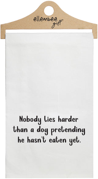 Nobody lies harder than a dog pretending he hasn't eaten yet - white funny kitchen towel